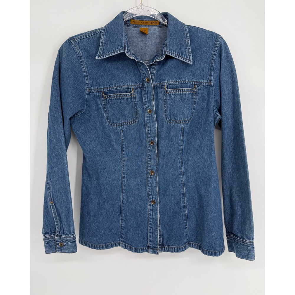 Anne Klein Denim Shirt Womens Petite 4 Blue Medium Wash Button Down Long Sleeve
